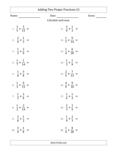 The Adding Two Proper Fractions with Similar Denominators, Proper Fractions Results and No Simplifying (J) Math Worksheet