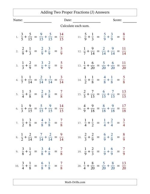 The Adding Two Proper Fractions with Similar Denominators, Proper Fractions Results and No Simplifying (J) Math Worksheet Page 2