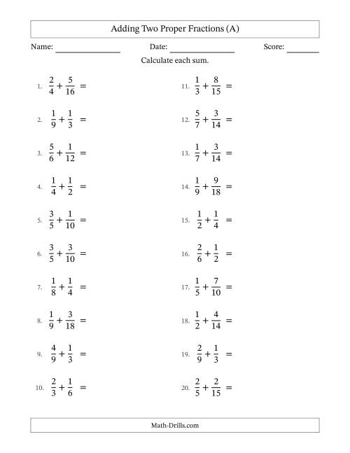 The Adding Two Proper Fractions with Similar Denominators, Proper Fractions Results and No Simplifying (All) Math Worksheet