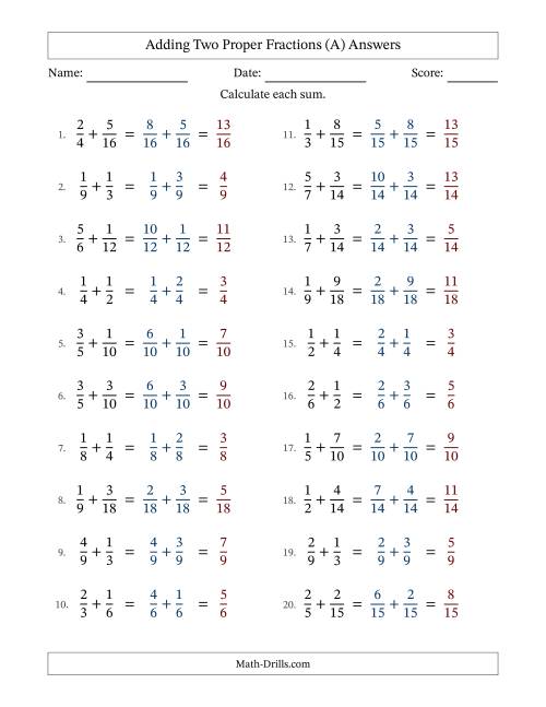 The Adding Two Proper Fractions with Similar Denominators, Proper Fractions Results and No Simplifying (All) Math Worksheet Page 2