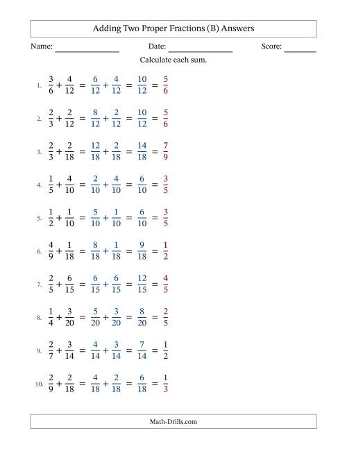 The Adding Two Proper Fractions with Similar Denominators, Proper Fractions Results and All Simplifying (B) Math Worksheet Page 2