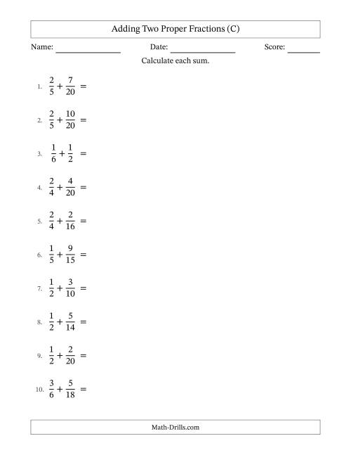 The Adding Two Proper Fractions with Similar Denominators, Proper Fractions Results and All Simplifying (C) Math Worksheet