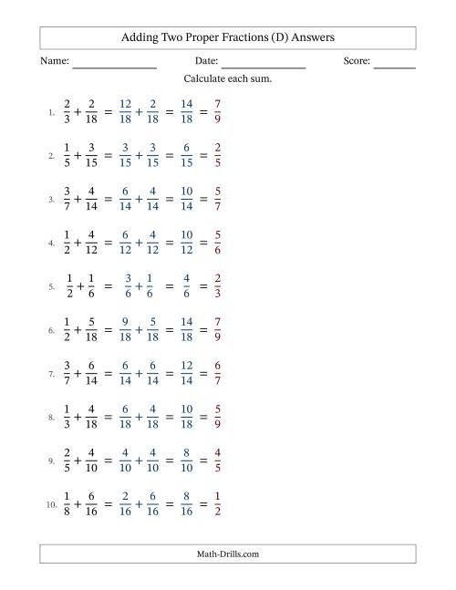 The Adding Two Proper Fractions with Similar Denominators, Proper Fractions Results and All Simplifying (D) Math Worksheet Page 2