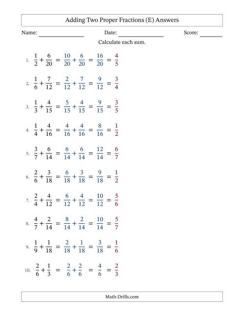 The Adding Two Proper Fractions with Similar Denominators, Proper Fractions Results and All Simplifying (E) Math Worksheet Page 2