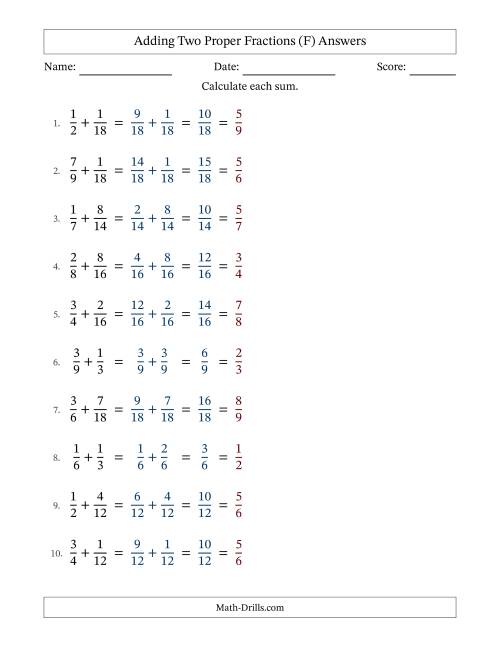 The Adding Two Proper Fractions with Similar Denominators, Proper Fractions Results and All Simplifying (F) Math Worksheet Page 2
