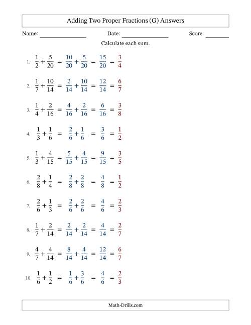 The Adding Two Proper Fractions with Similar Denominators, Proper Fractions Results and All Simplifying (G) Math Worksheet Page 2