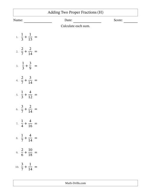 The Adding Two Proper Fractions with Similar Denominators, Proper Fractions Results and All Simplifying (H) Math Worksheet