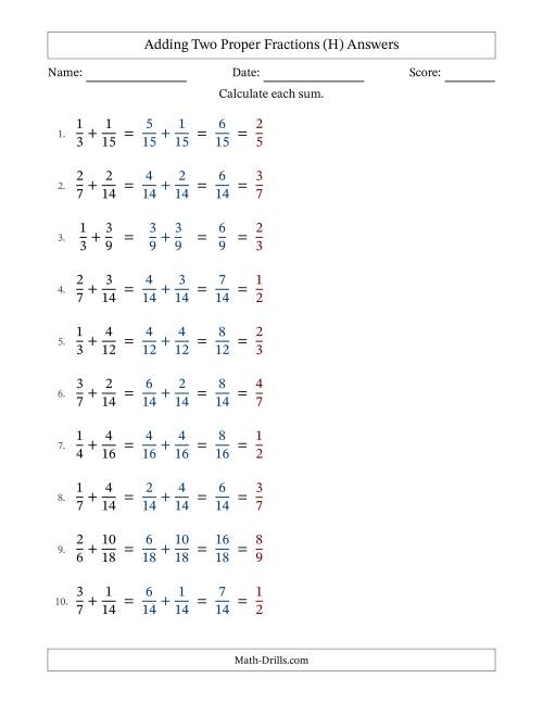 The Adding Two Proper Fractions with Similar Denominators, Proper Fractions Results and All Simplifying (H) Math Worksheet Page 2