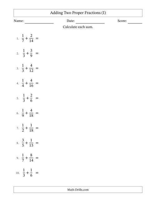 The Adding Two Proper Fractions with Similar Denominators, Proper Fractions Results and All Simplifying (I) Math Worksheet