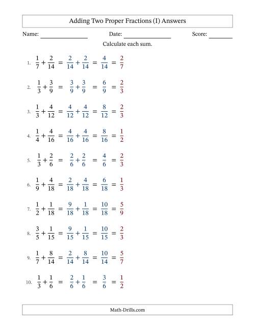 The Adding Two Proper Fractions with Similar Denominators, Proper Fractions Results and All Simplifying (I) Math Worksheet Page 2