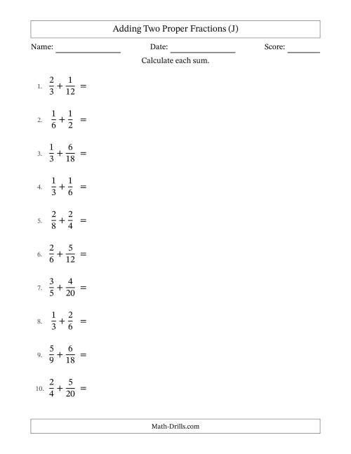 The Adding Two Proper Fractions with Similar Denominators, Proper Fractions Results and All Simplifying (J) Math Worksheet