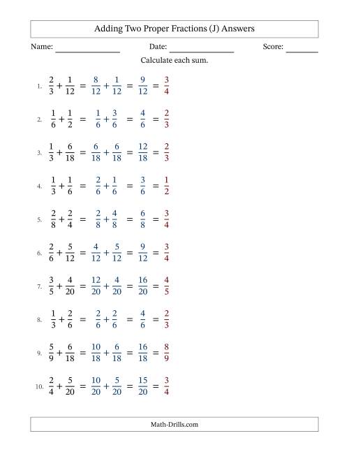 The Adding Two Proper Fractions with Similar Denominators, Proper Fractions Results and All Simplifying (J) Math Worksheet Page 2