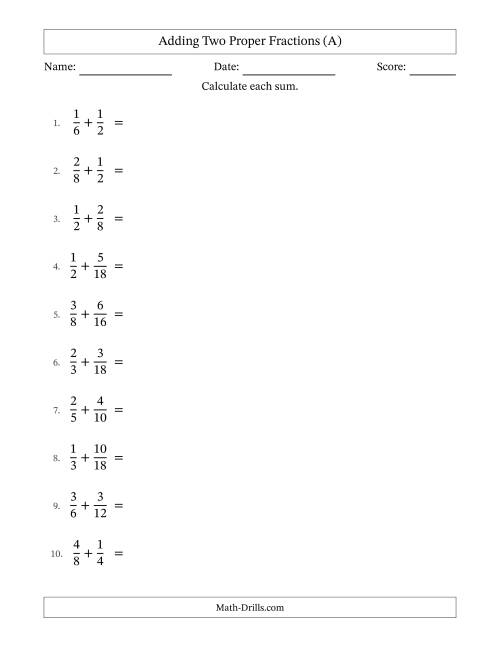 The Adding Two Proper Fractions with Similar Denominators, Proper Fractions Results and All Simplifying (All) Math Worksheet