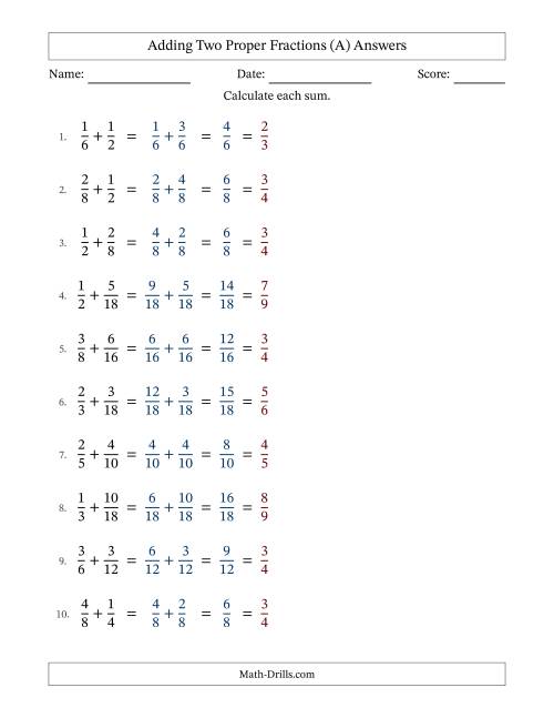 The Adding Two Proper Fractions with Similar Denominators, Proper Fractions Results and All Simplifying (All) Math Worksheet Page 2