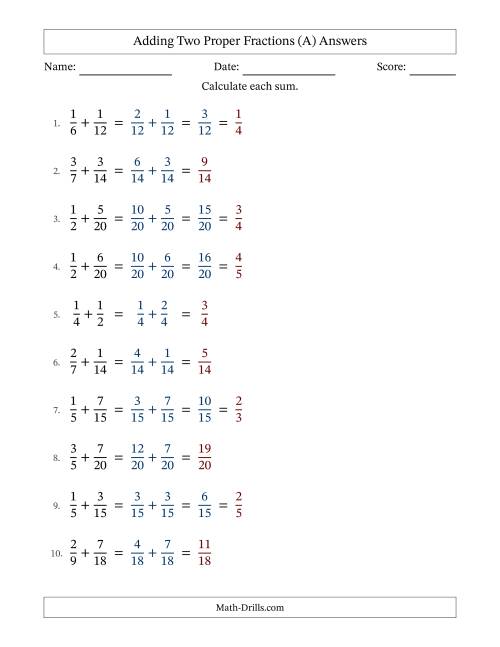 The Adding Two Proper Fractions with Similar Denominators, Proper Fractions Results and Some Simplifying (A) Math Worksheet Page 2