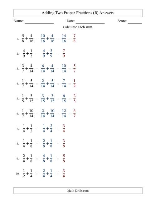 The Adding Two Proper Fractions with Similar Denominators, Proper Fractions Results and Some Simplifying (B) Math Worksheet Page 2