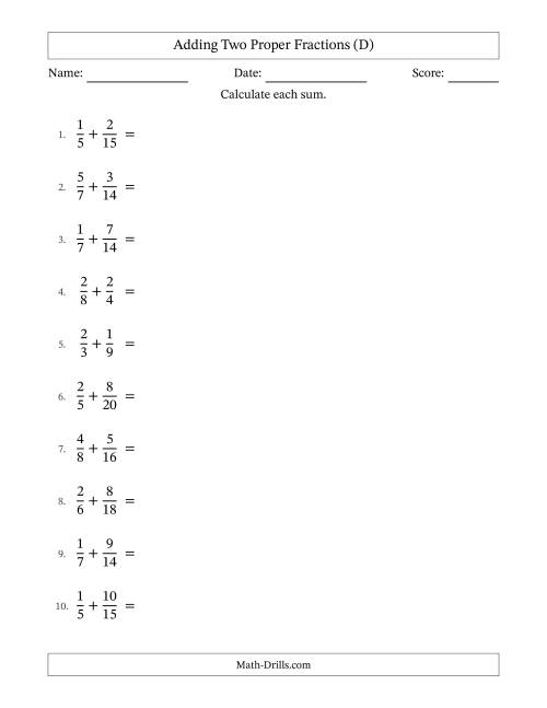 The Adding Two Proper Fractions with Similar Denominators, Proper Fractions Results and Some Simplifying (D) Math Worksheet