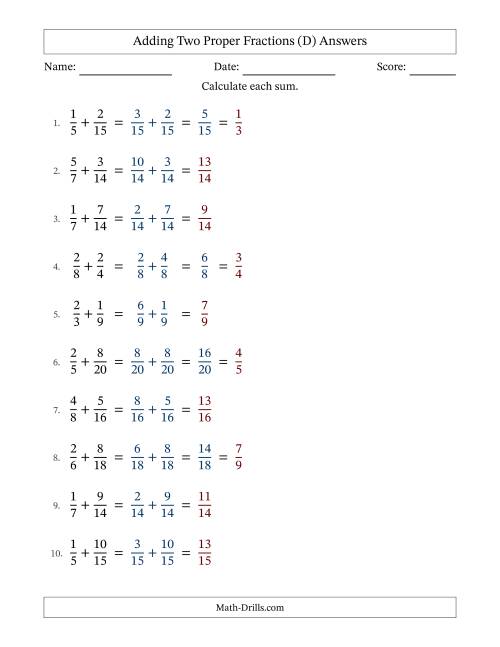 The Adding Two Proper Fractions with Similar Denominators, Proper Fractions Results and Some Simplifying (D) Math Worksheet Page 2