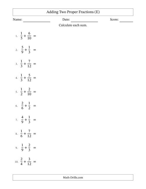 The Adding Two Proper Fractions with Similar Denominators, Proper Fractions Results and Some Simplifying (E) Math Worksheet