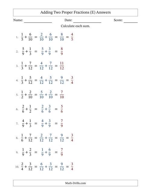 The Adding Two Proper Fractions with Similar Denominators, Proper Fractions Results and Some Simplifying (E) Math Worksheet Page 2