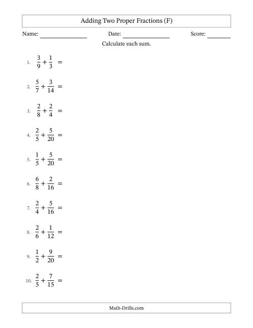 The Adding Two Proper Fractions with Similar Denominators, Proper Fractions Results and Some Simplifying (F) Math Worksheet