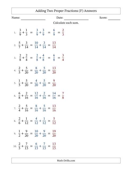 The Adding Two Proper Fractions with Similar Denominators, Proper Fractions Results and Some Simplifying (F) Math Worksheet Page 2