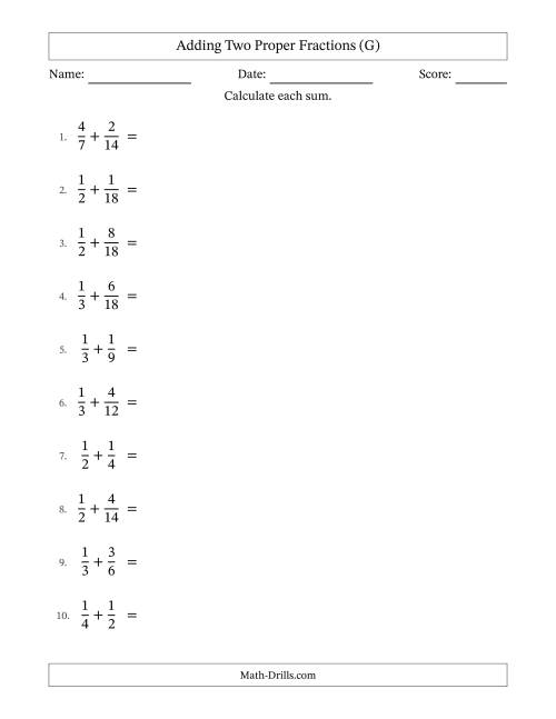 The Adding Two Proper Fractions with Similar Denominators, Proper Fractions Results and Some Simplifying (G) Math Worksheet