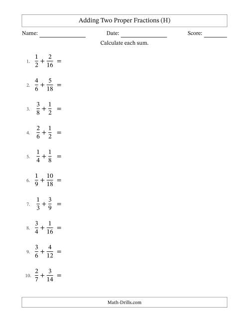 The Adding Two Proper Fractions with Similar Denominators, Proper Fractions Results and Some Simplifying (H) Math Worksheet