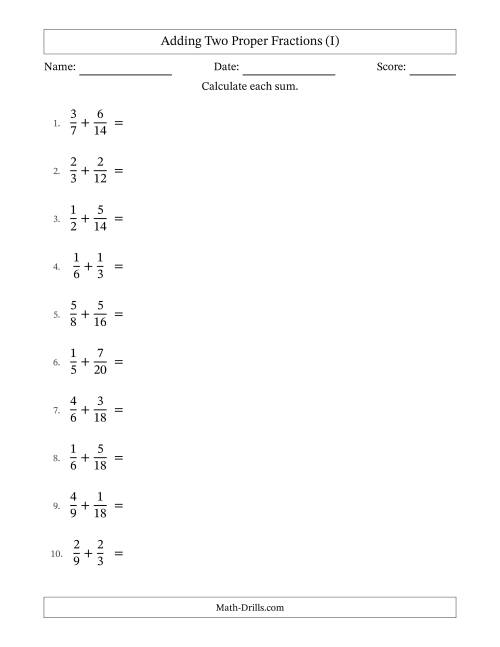 The Adding Two Proper Fractions with Similar Denominators, Proper Fractions Results and Some Simplifying (I) Math Worksheet