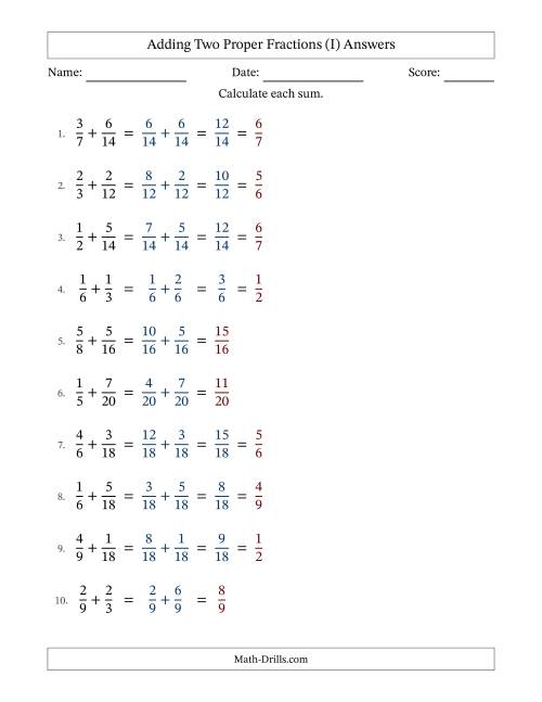 The Adding Two Proper Fractions with Similar Denominators, Proper Fractions Results and Some Simplifying (I) Math Worksheet Page 2