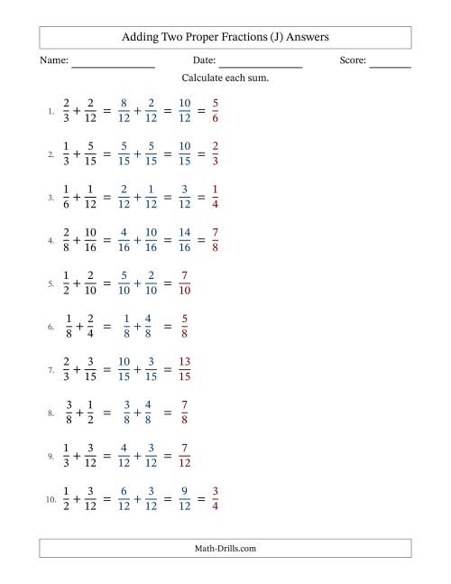 The Adding Two Proper Fractions with Similar Denominators, Proper Fractions Results and Some Simplifying (J) Math Worksheet Page 2