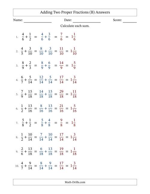 The Adding Two Proper Fractions with Similar Denominators, Mixed Fractions Results and No Simplifying (B) Math Worksheet Page 2