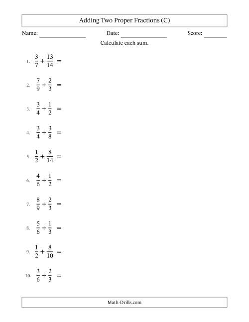 The Adding Two Proper Fractions with Similar Denominators, Mixed Fractions Results and No Simplifying (C) Math Worksheet