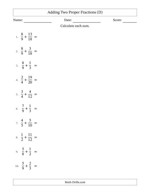 The Adding Two Proper Fractions with Similar Denominators, Mixed Fractions Results and No Simplifying (D) Math Worksheet