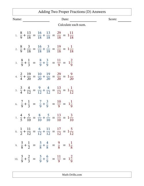 The Adding Two Proper Fractions with Similar Denominators, Mixed Fractions Results and No Simplifying (D) Math Worksheet Page 2