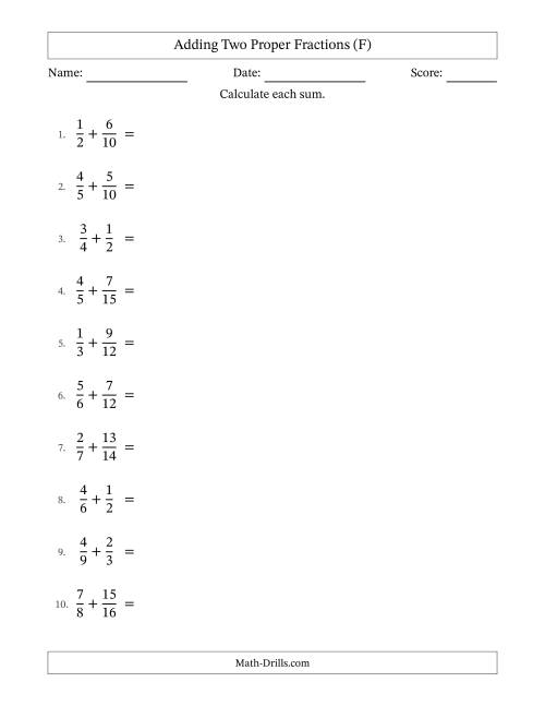 The Adding Two Proper Fractions with Similar Denominators, Mixed Fractions Results and No Simplifying (F) Math Worksheet