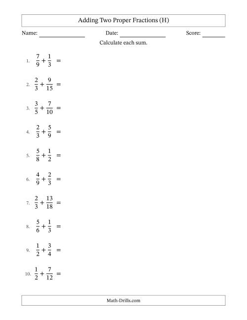 The Adding Two Proper Fractions with Similar Denominators, Mixed Fractions Results and No Simplifying (H) Math Worksheet