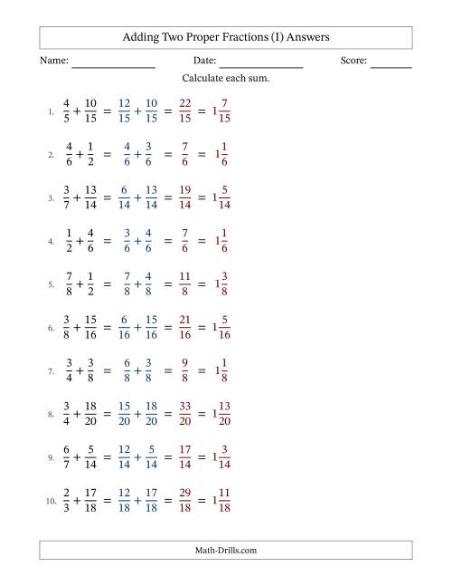 The Adding Two Proper Fractions with Similar Denominators, Mixed Fractions Results and No Simplifying (I) Math Worksheet Page 2