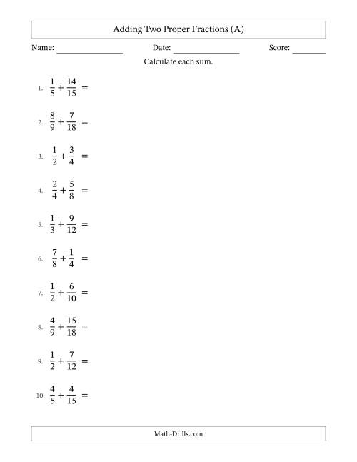 The Adding Two Proper Fractions with Similar Denominators, Mixed Fractions Results and No Simplifying (All) Math Worksheet