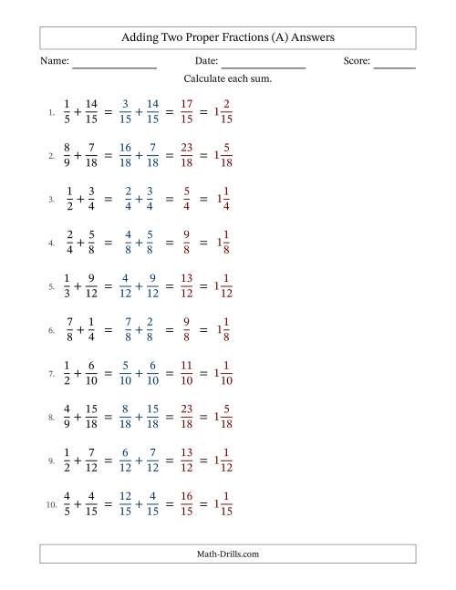 The Adding Two Proper Fractions with Similar Denominators, Mixed Fractions Results and No Simplifying (All) Math Worksheet Page 2
