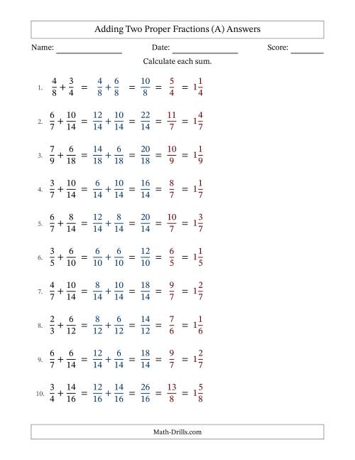 The Adding Two Proper Fractions with Similar Denominators, Mixed Fractions Results and All Simplifying (A) Math Worksheet Page 2
