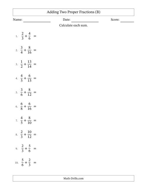 The Adding Two Proper Fractions with Similar Denominators, Mixed Fractions Results and All Simplifying (B) Math Worksheet