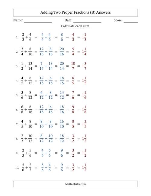 The Adding Two Proper Fractions with Similar Denominators, Mixed Fractions Results and All Simplifying (B) Math Worksheet Page 2