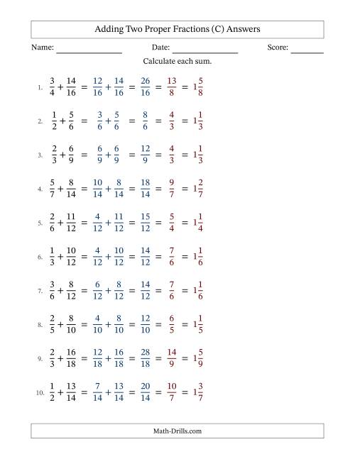 The Adding Two Proper Fractions with Similar Denominators, Mixed Fractions Results and All Simplifying (C) Math Worksheet Page 2