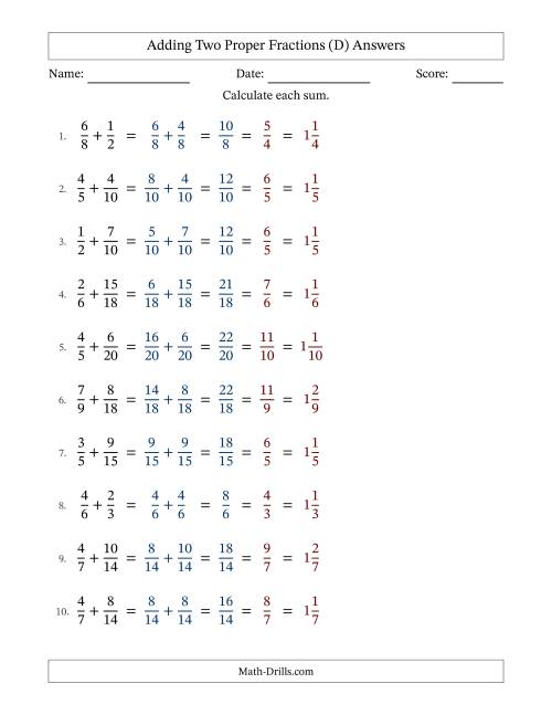 The Adding Two Proper Fractions with Similar Denominators, Mixed Fractions Results and All Simplifying (D) Math Worksheet Page 2