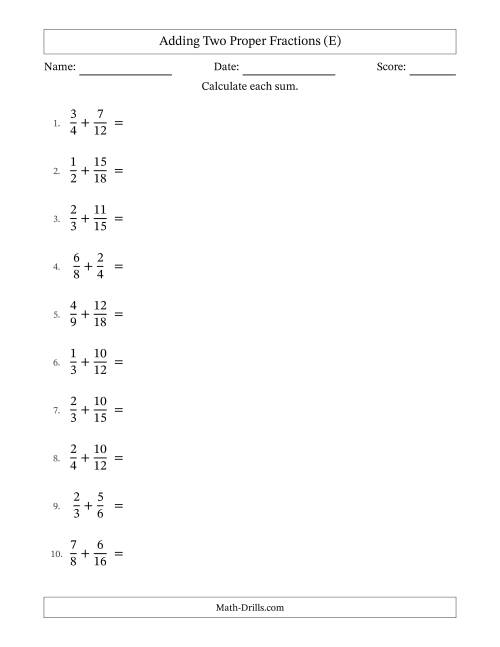The Adding Two Proper Fractions with Similar Denominators, Mixed Fractions Results and All Simplifying (E) Math Worksheet