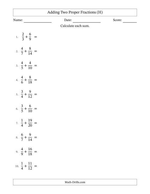 The Adding Two Proper Fractions with Similar Denominators, Mixed Fractions Results and All Simplifying (H) Math Worksheet