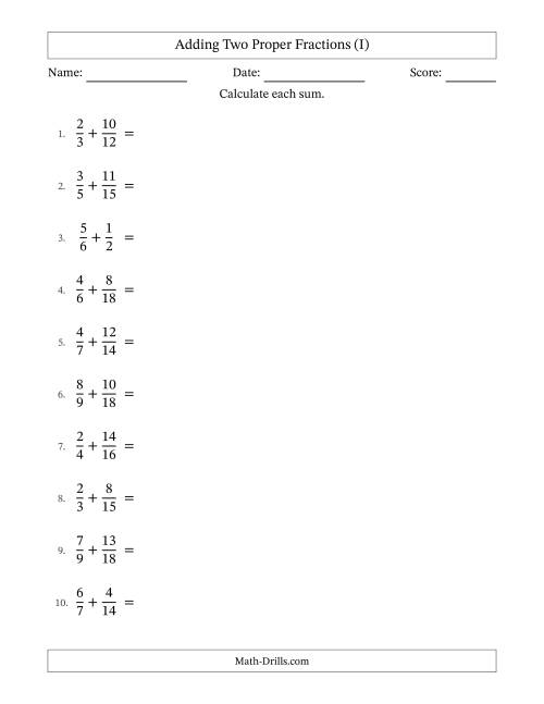 The Adding Two Proper Fractions with Similar Denominators, Mixed Fractions Results and All Simplifying (I) Math Worksheet