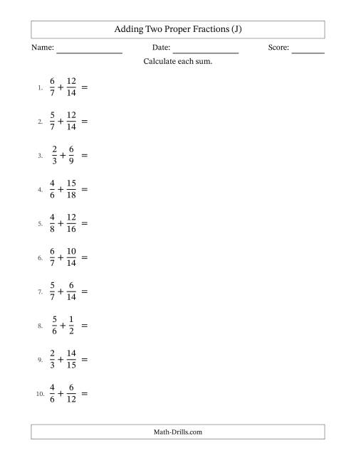 The Adding Two Proper Fractions with Similar Denominators, Mixed Fractions Results and All Simplifying (J) Math Worksheet