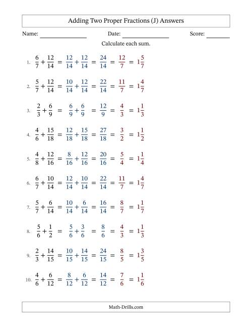The Adding Two Proper Fractions with Similar Denominators, Mixed Fractions Results and All Simplifying (J) Math Worksheet Page 2